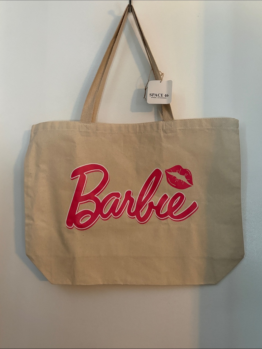 Barbie Canvas Tote in Beige with Hot Pink Logo